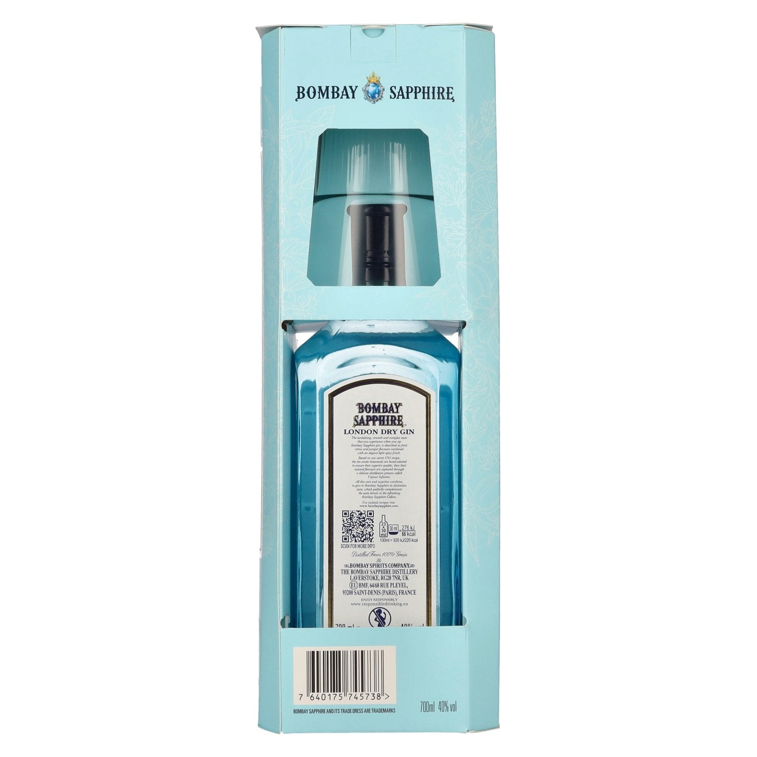 Bombay SAPPHIRE London Dry Gin 40% vol. 0,7l en boîte cadeau avec verre