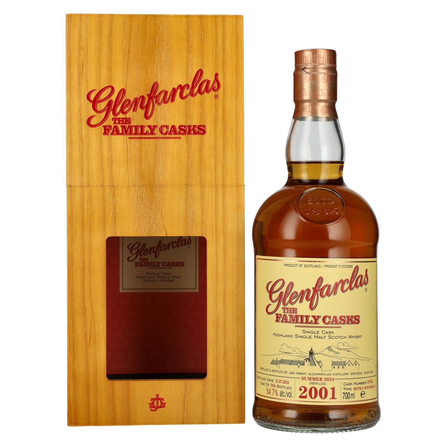 Glenfarclas THE FAMILY CASKS Single Cask SUMMER 2024 Refill Hogshead #3762 2001 54,7% vol. 0,7l en caisse bois