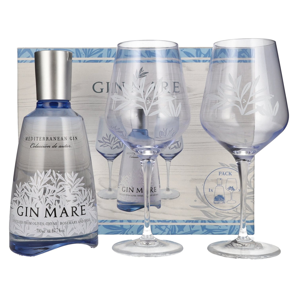Gin Mare Mediterranean Gin 42.7% ABV, 0.7 litres, in a gift box with 2 glasses