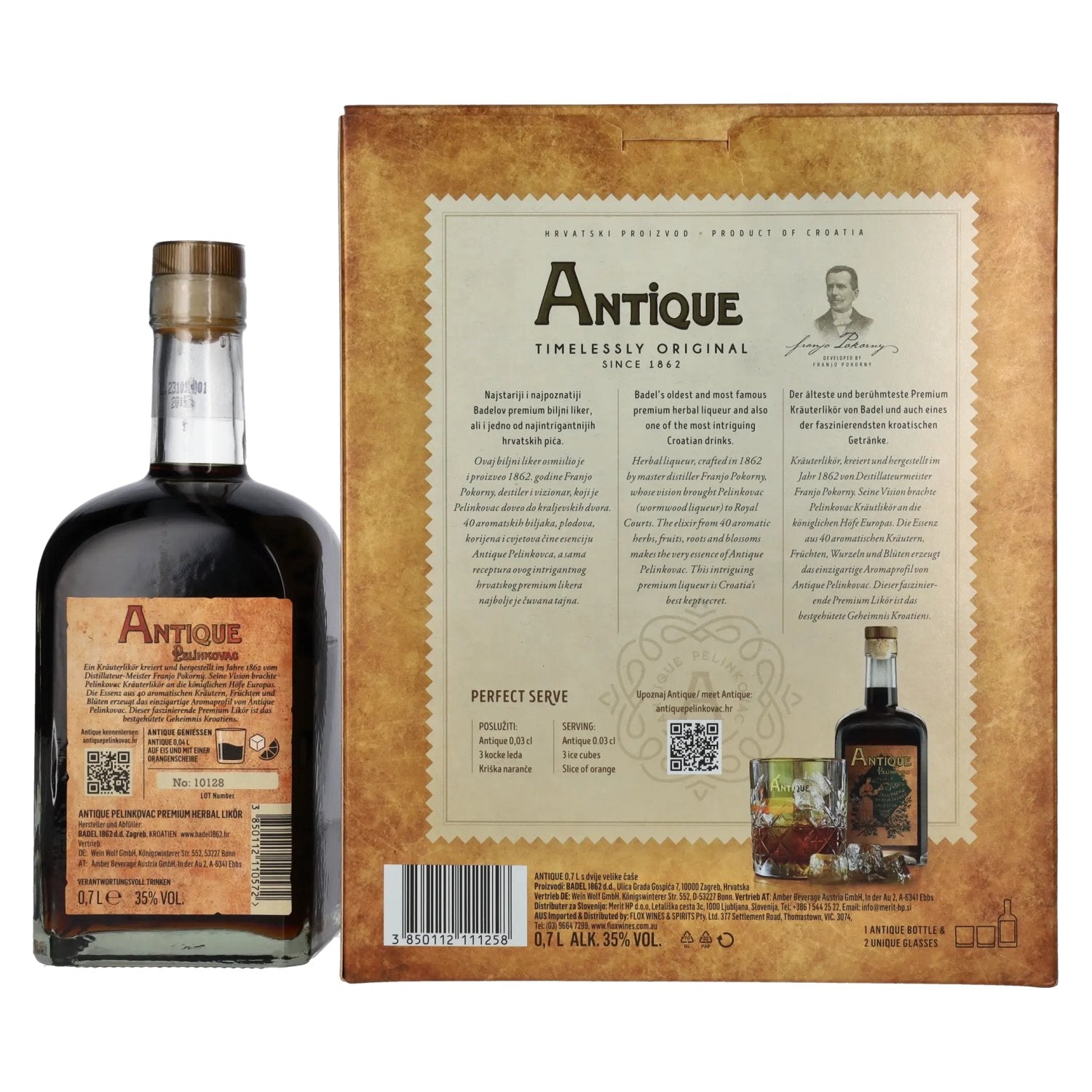 Badel Antique Pelinkovac Premium Herbal Liqueur 35% Vol. 0,7l in Geschenkbox mit 2 Gläsern