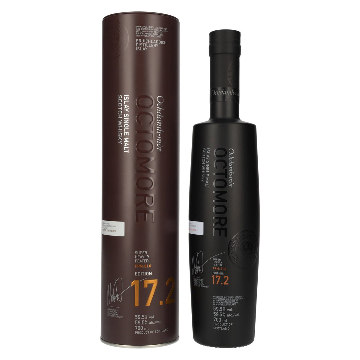 Octomore EDITION : 17.2 Single Malt d'Islay très tourbé, sortie prévue en 2026, 59,5 % vol., 0,7 l dans une boîte en fer-blanc