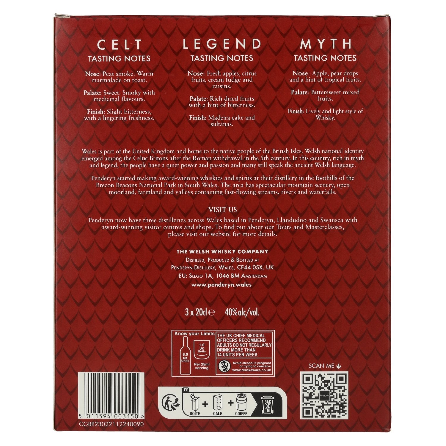 Penderyn MYTH, LEGEND, CELT Single Malt Welsh Whisky 40% Vol. 3x0,2l in Geschenkbox