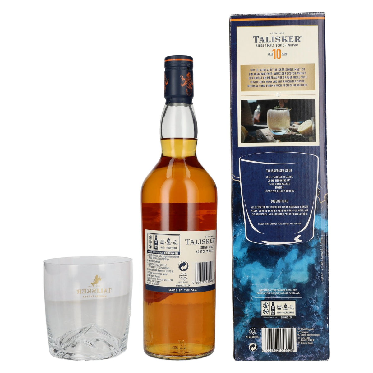 Talisker 10 Years Old Single Malt Scotch Whisky 45.8% ABV, 0.7 litres, in a gift box with a tumbler glass