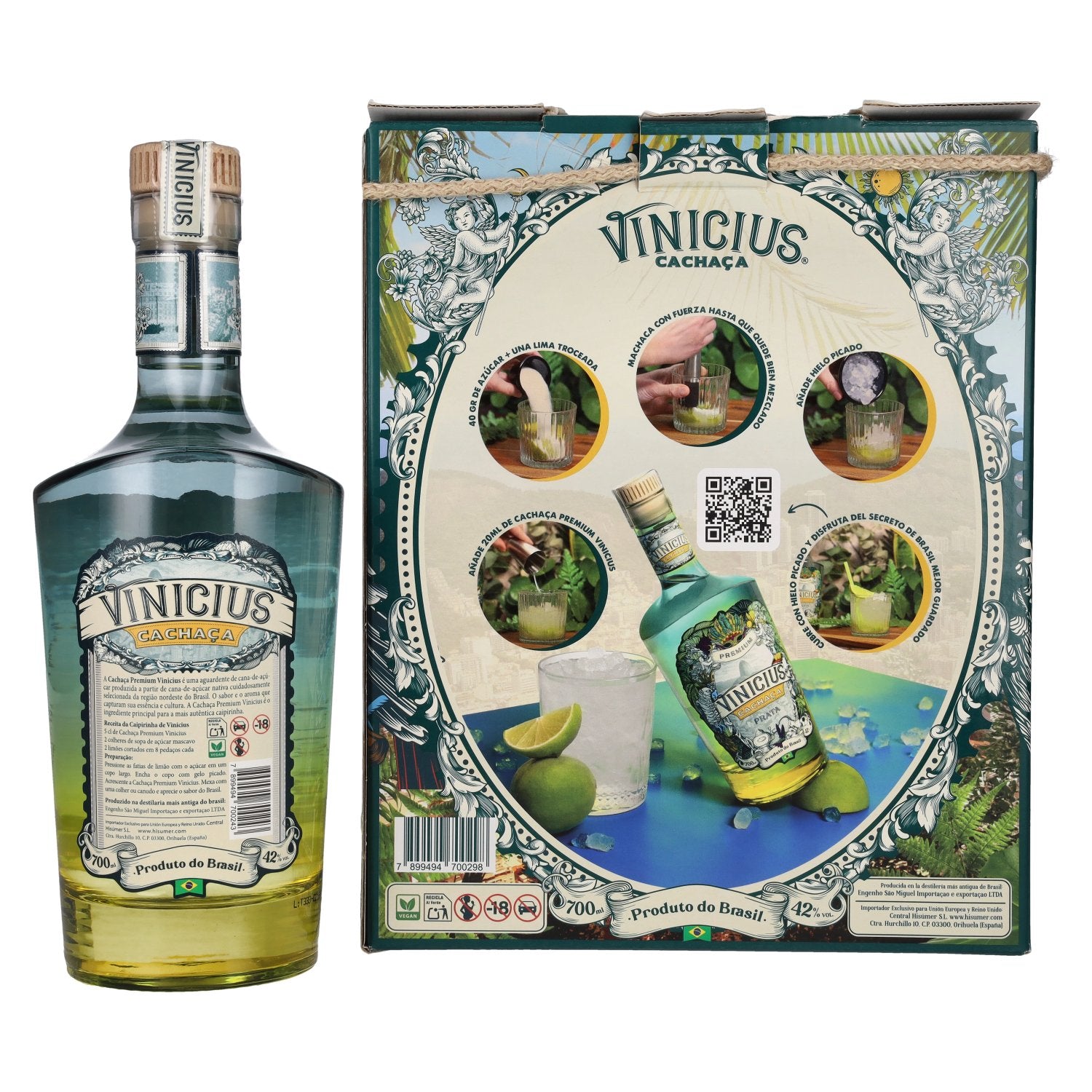 Vinicius Premium Cachaça Prata 42% vol. 0.7l in a gift box with a glass