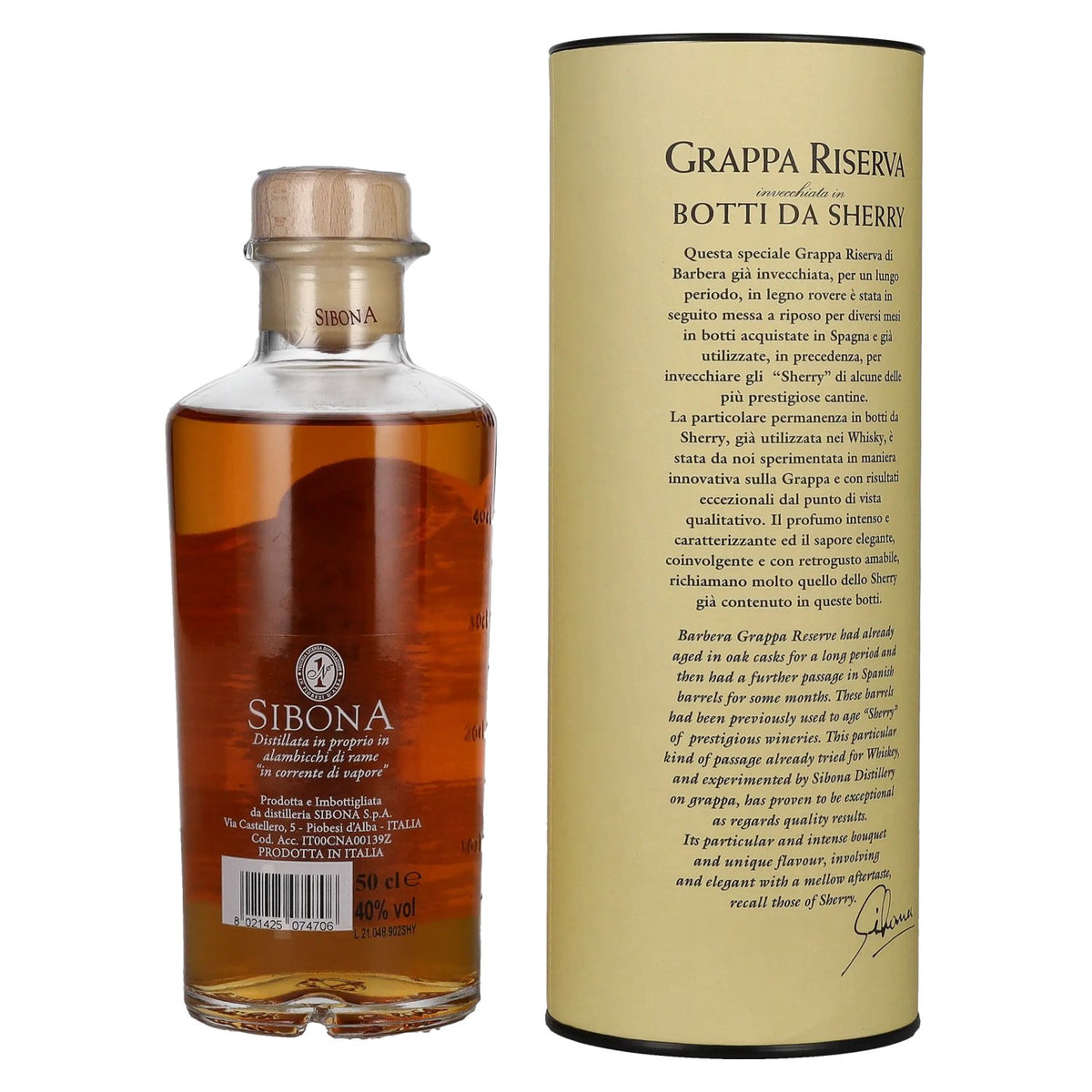 Sibona GRAPPA RISERVA Botti da SHERRY 40% Vol. 0,5l in Geschenkbox
