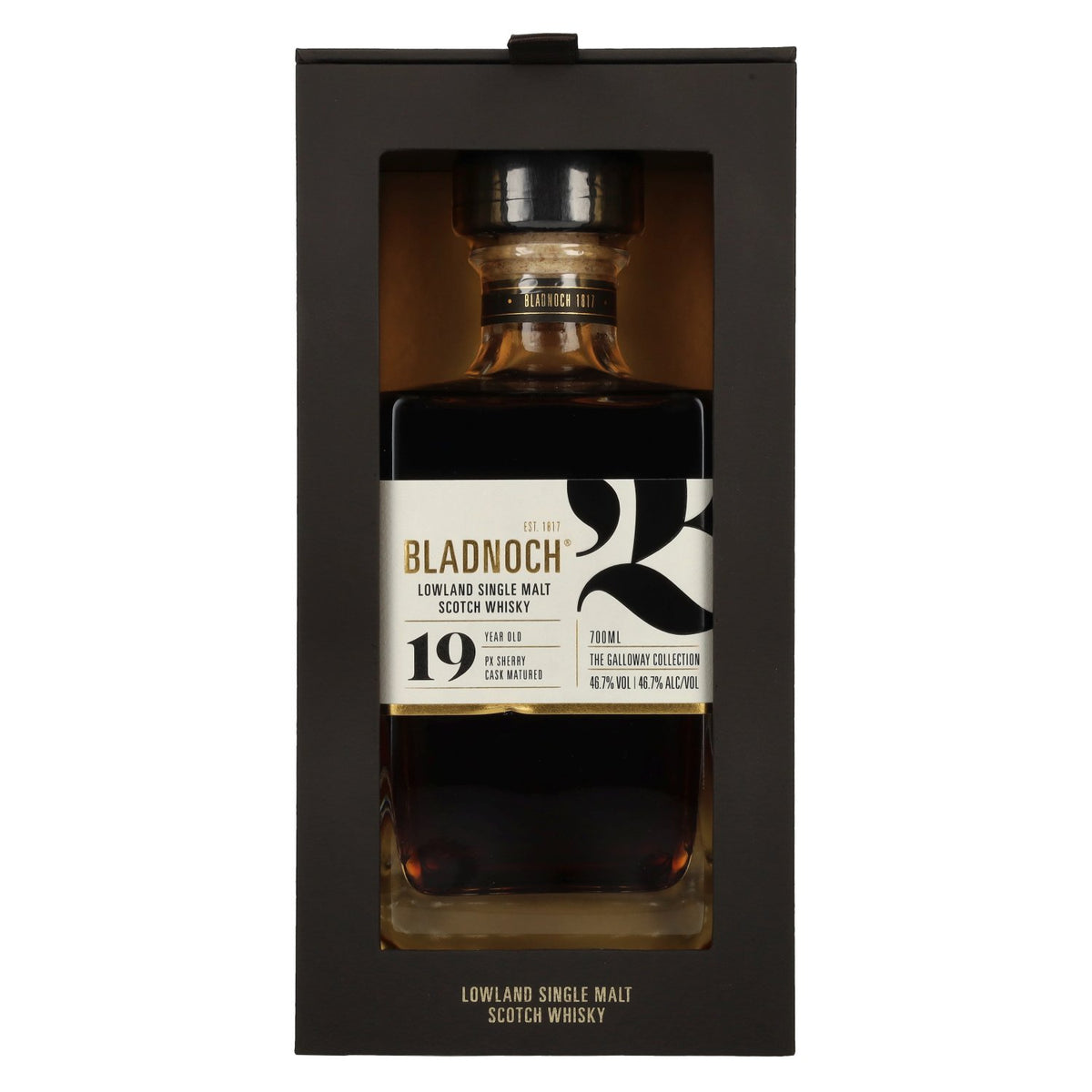 Bladnoch 19 ans d'âge, single malt des Lowlands, élevé en fûts de sherry PX, 46,7 % vol., 0,7 l, dans un coffret cadeau