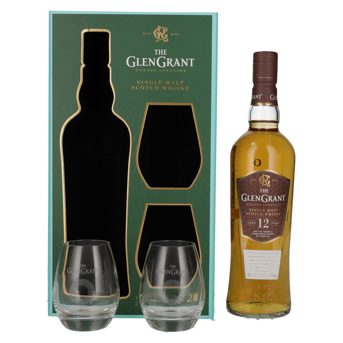 Glen Grant 12 Years Old Single Malt 43% Vol. 0,7l en coffret cadeau avec 2 verres
