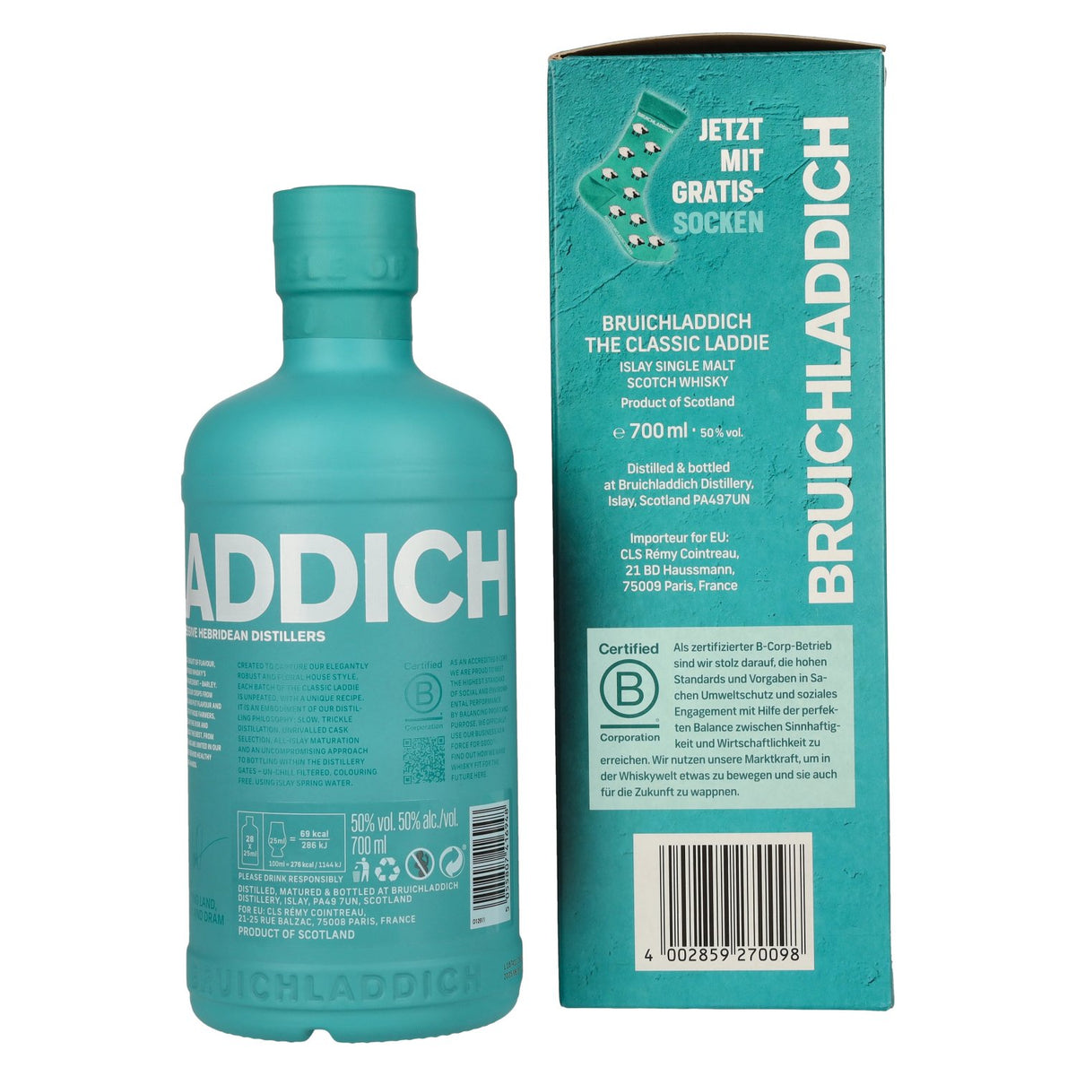 Bruichladdich THE CLASSIC LADDIE Scottish Barley Unpeated Islay Single Malt 50% vol. 0,7l en boîte cadeau avec chaussettes