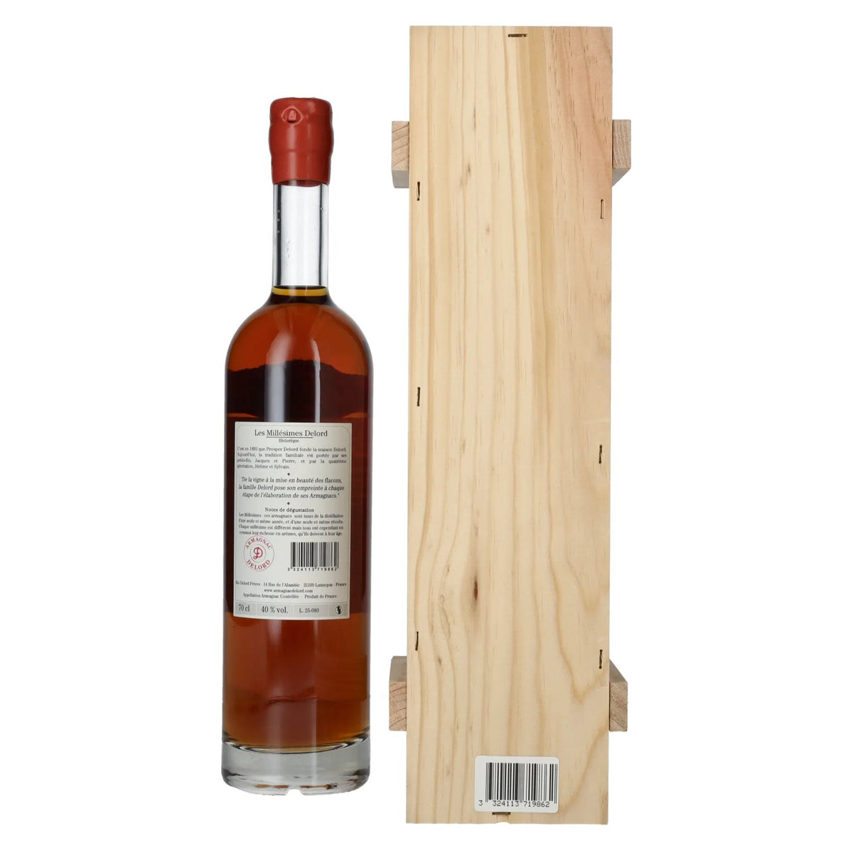 Vieil Armagnac Delord Vintage Récolte 1986 40% vol. 0,7l dans une caisse en bois