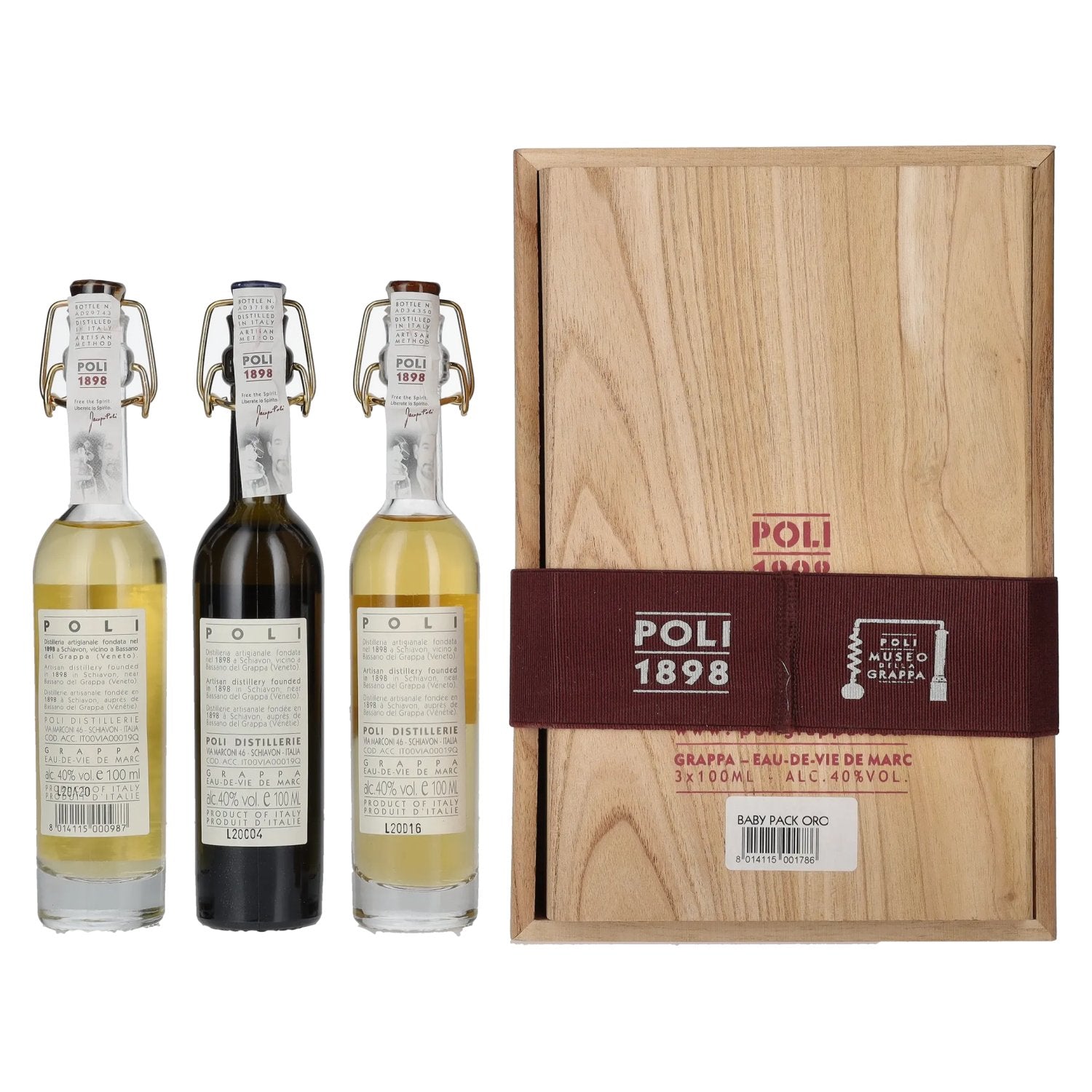 Poli Grappa Baby Pack ORO 40% vol. 3x0,1l dans une caisse en bois