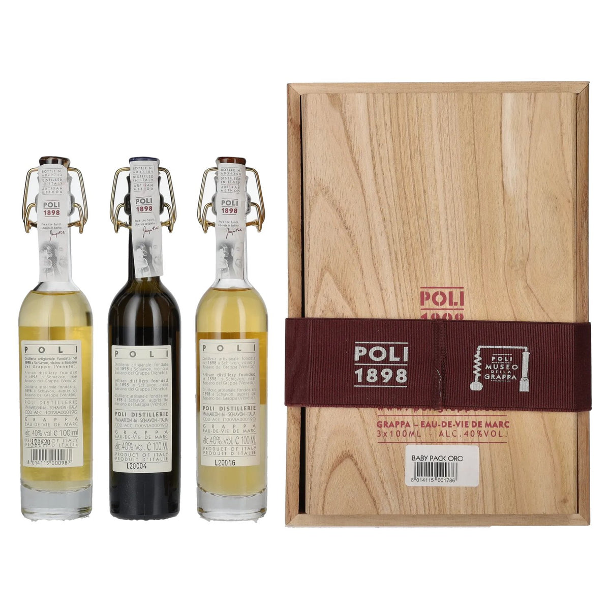 Poli Grappa Baby Pack ORO 40% Vol. 3x0,1l in Holzkiste