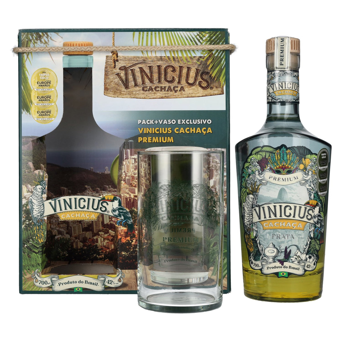 VINICIUS Premium Cachaca Prata 42% Vol. 0,7l in Geschenkbox mit Glas