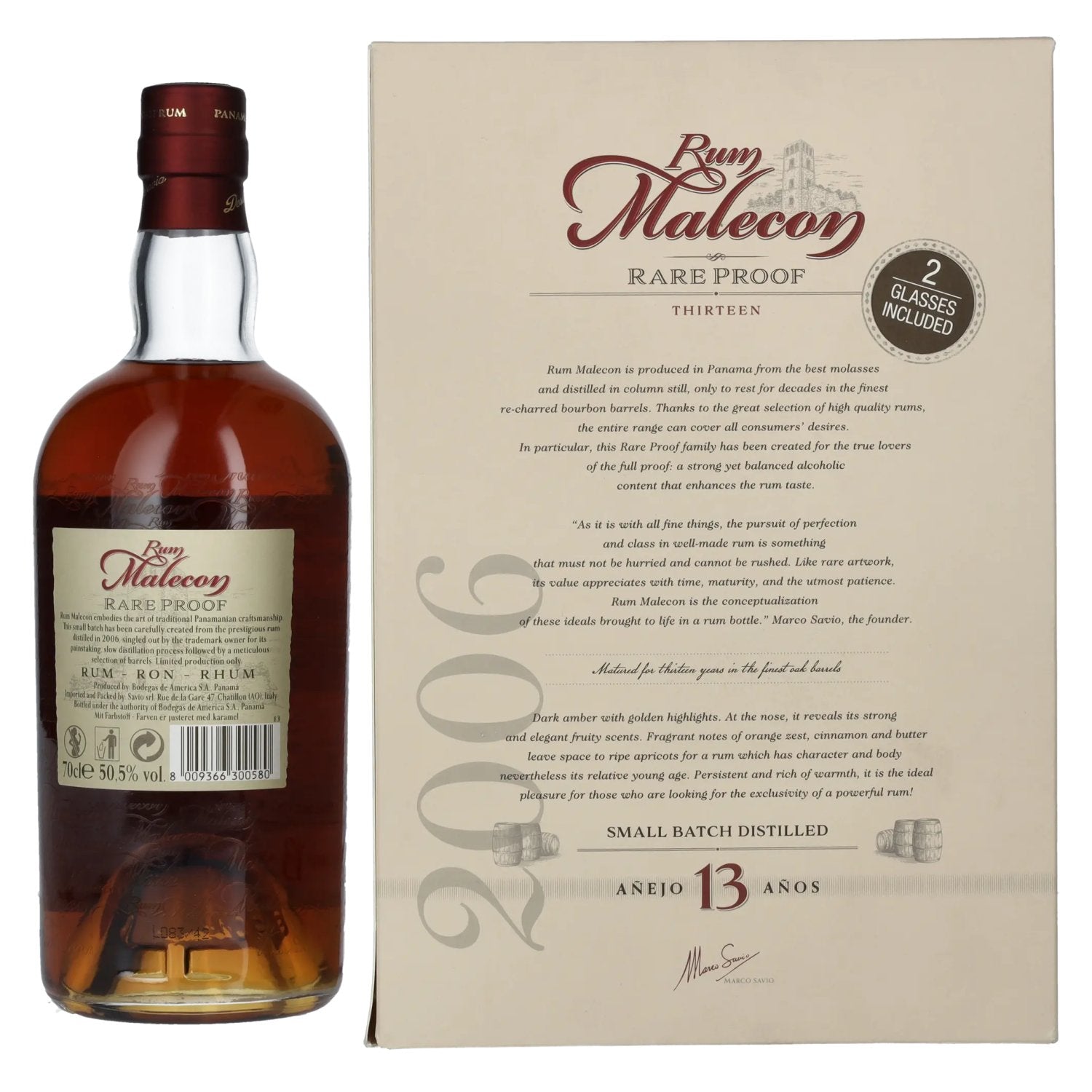 Rum Malecon Añejo 13 Años RARE PROOF 2006 50,5% Vol. 0,7l in Geschenkbox mit 2 Gläsern