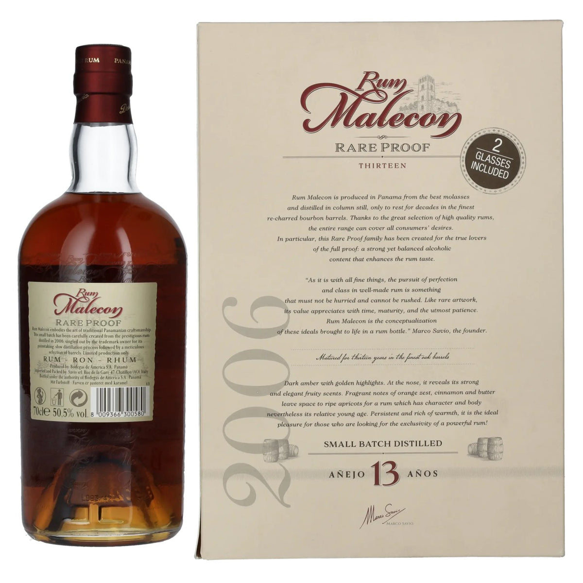Rum Malecon Añejo 13 Años RARE PROOF 2006 50,5% Vol. 0,7l in gift box with 2 glasses