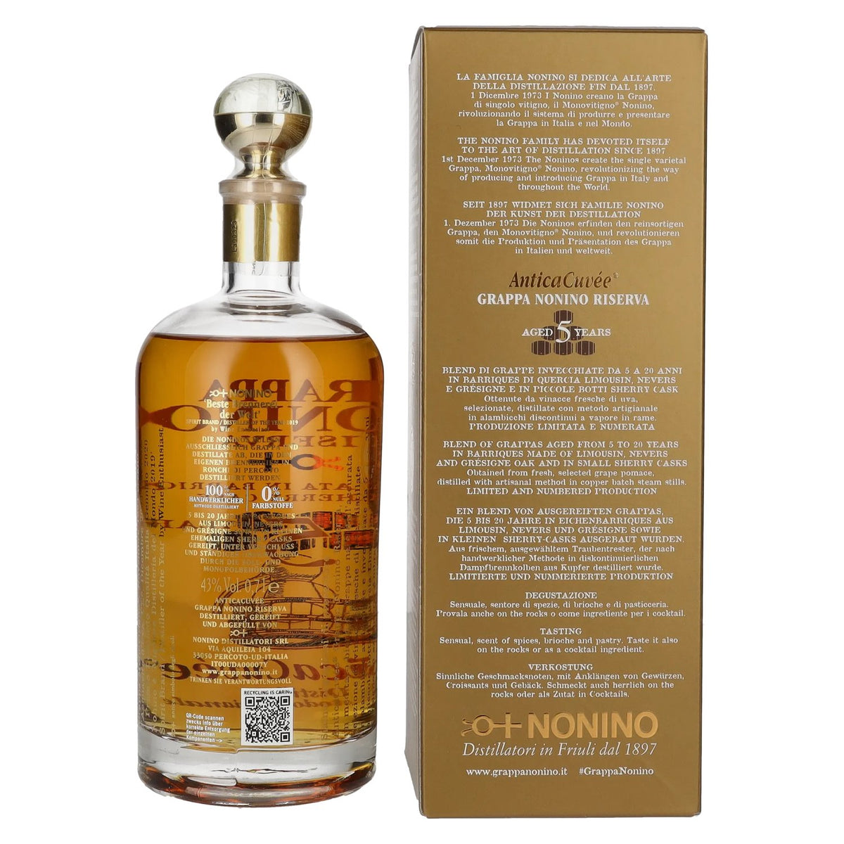Nonino Grappa Riserva Antica Cuvée 5 Years Old 43% Vol. 0,7l in Geschenkbox