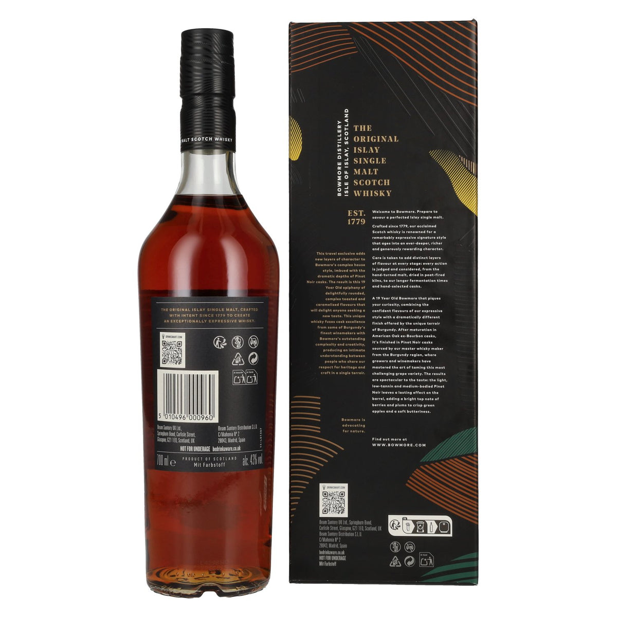 Bowmore 19 Years Old Pinot Noir Cask Finish Islay Single Malt 43% Vol. 0,7l en boîte cadeau
