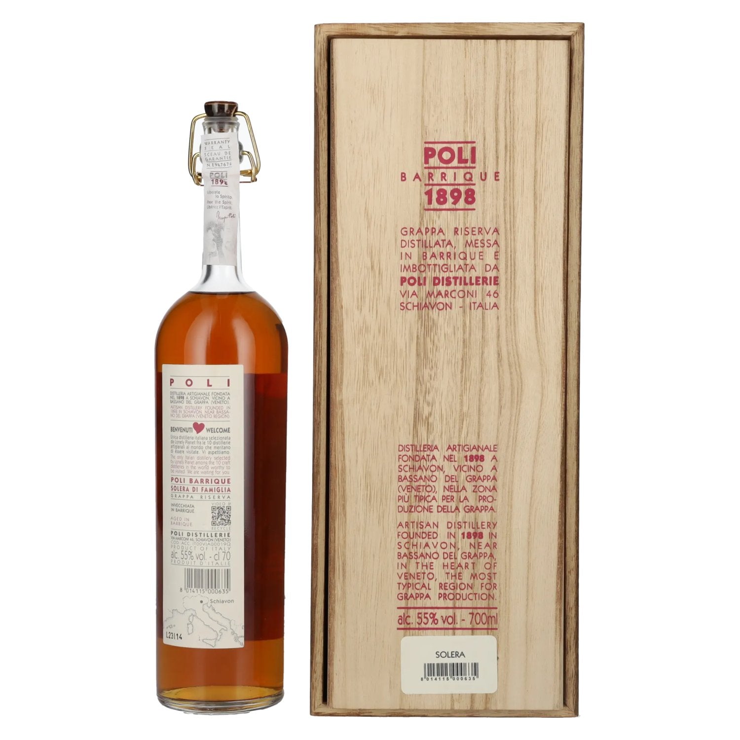 Poli Grappa Barrique 1898 Solera di Famiglia 55% vol. 0,7l en caisse bois