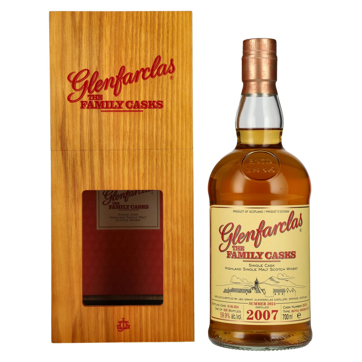 Glenfarclas THE FAMILY CASKS Single Cask SUMMER 2024 Refill Sherry Butt #2670 2007 59,9% vol. 0,7l dans une caisse en bois