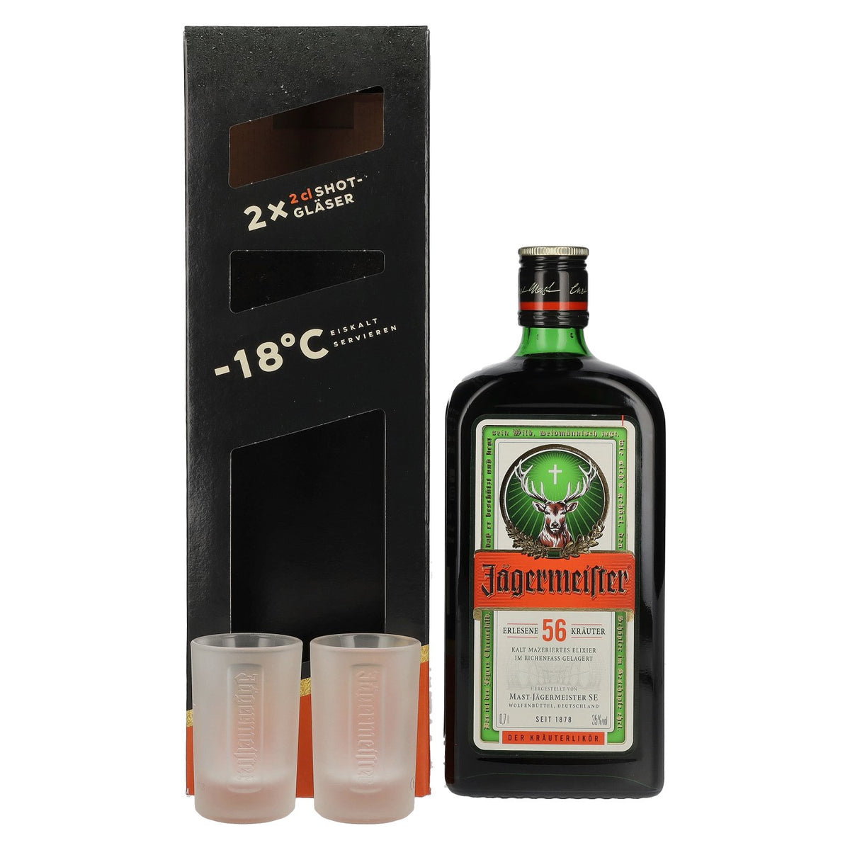 Jägermeister 35% Vol. 0,7l in gift box with 2 shot glasses