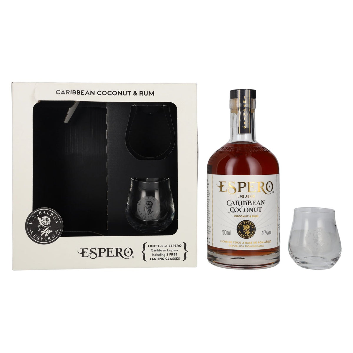 Ron Espero Caribbean Coconut & Rum Liqueur 40% Vol. 0,7l in Geschenkbox mit 2 Gläser