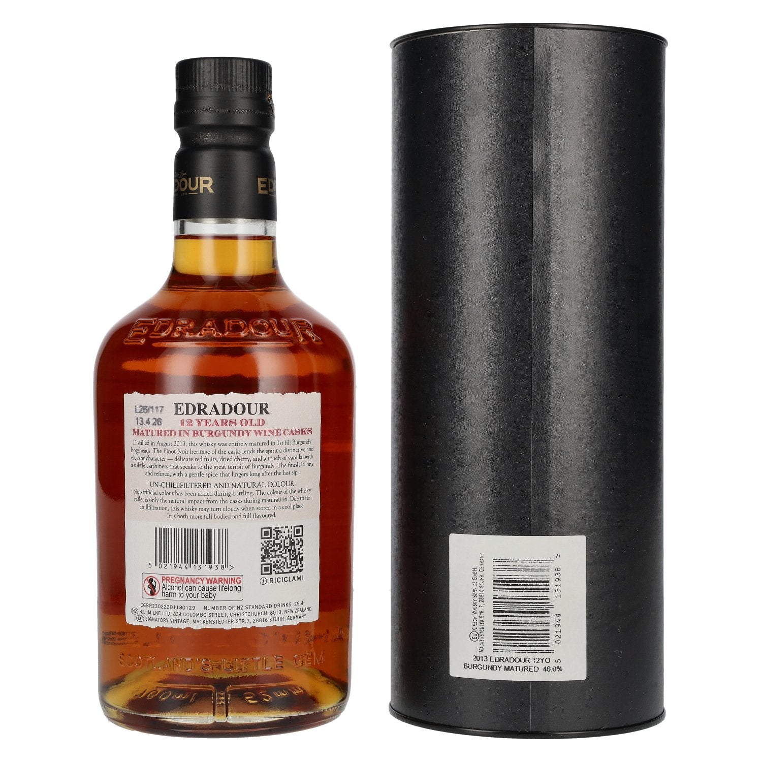 Edradour Whisky single malt du Highlands 12 ans d'âge, vieilli en fûts de Bourgogne, 46 % vol., 0,7 l, dans un coffret cadeau