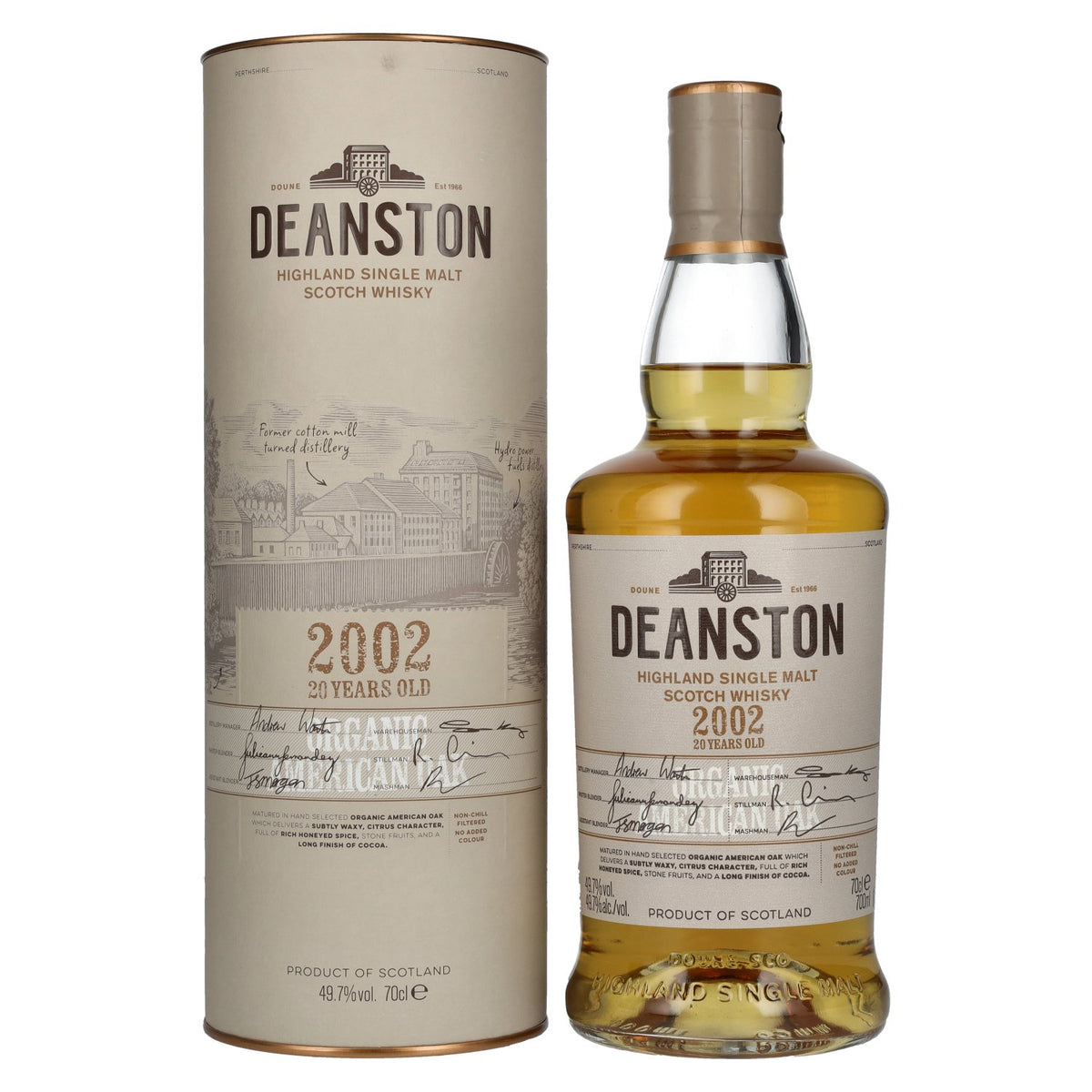 Deanston 20 Years Old Organic American Oak Highland Single Malt 2002 49,7% Vol. 0,7l en boîte cadeau