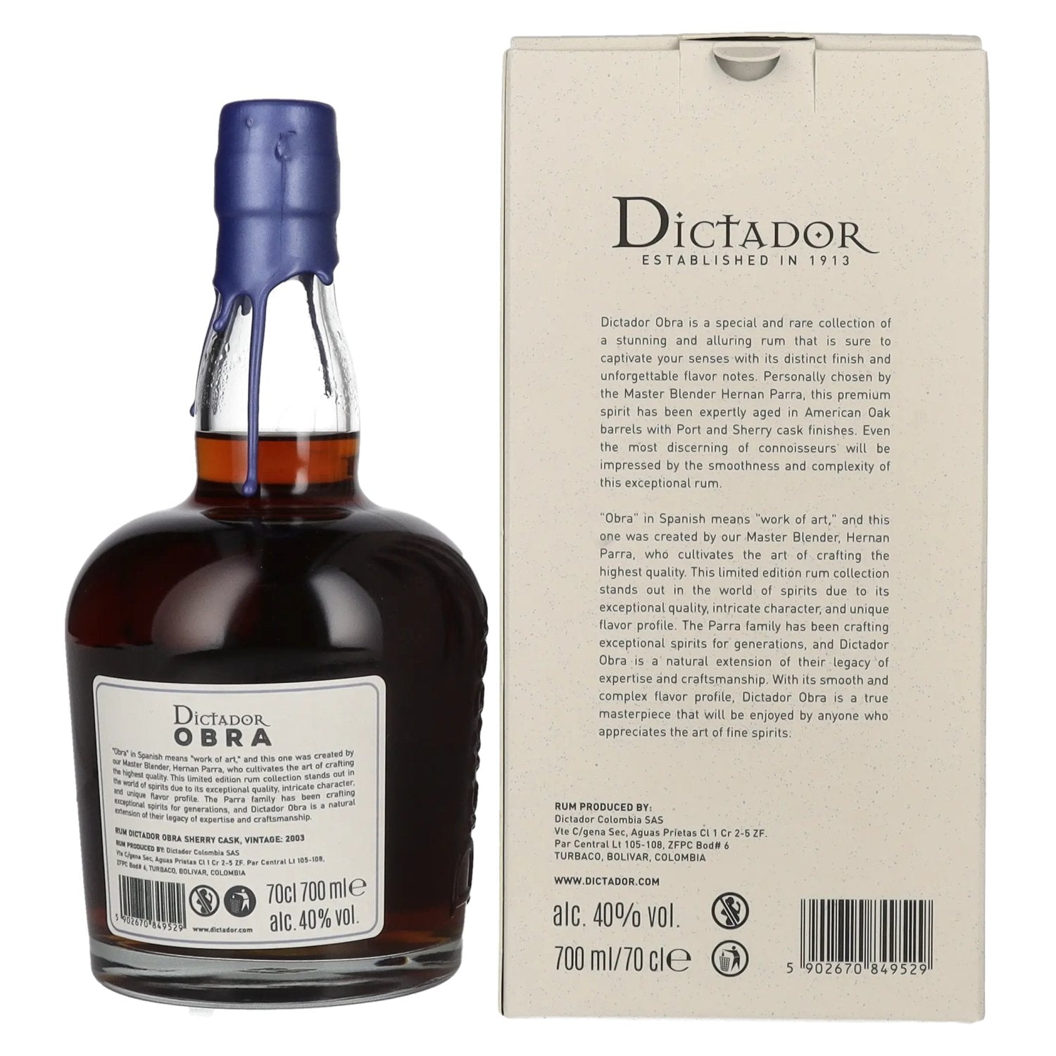 Dictador OBRA VINTAGE 20 Years Old SHERRY CASK Rum 2003 40% Vol. 0,7l in Geschenkbox