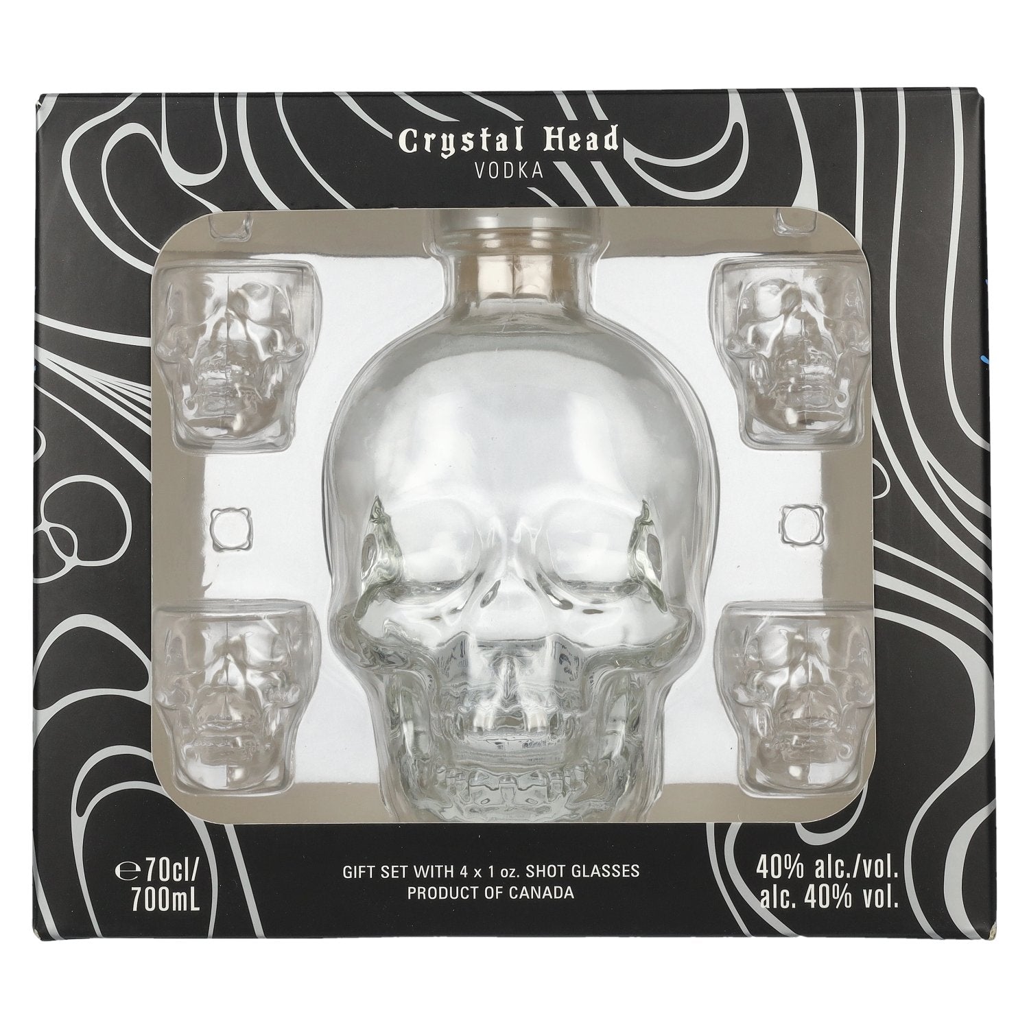 Crystal Head Vodka 40% vol. 0,7l dans une boîte cadeau avec 4 verres à shot