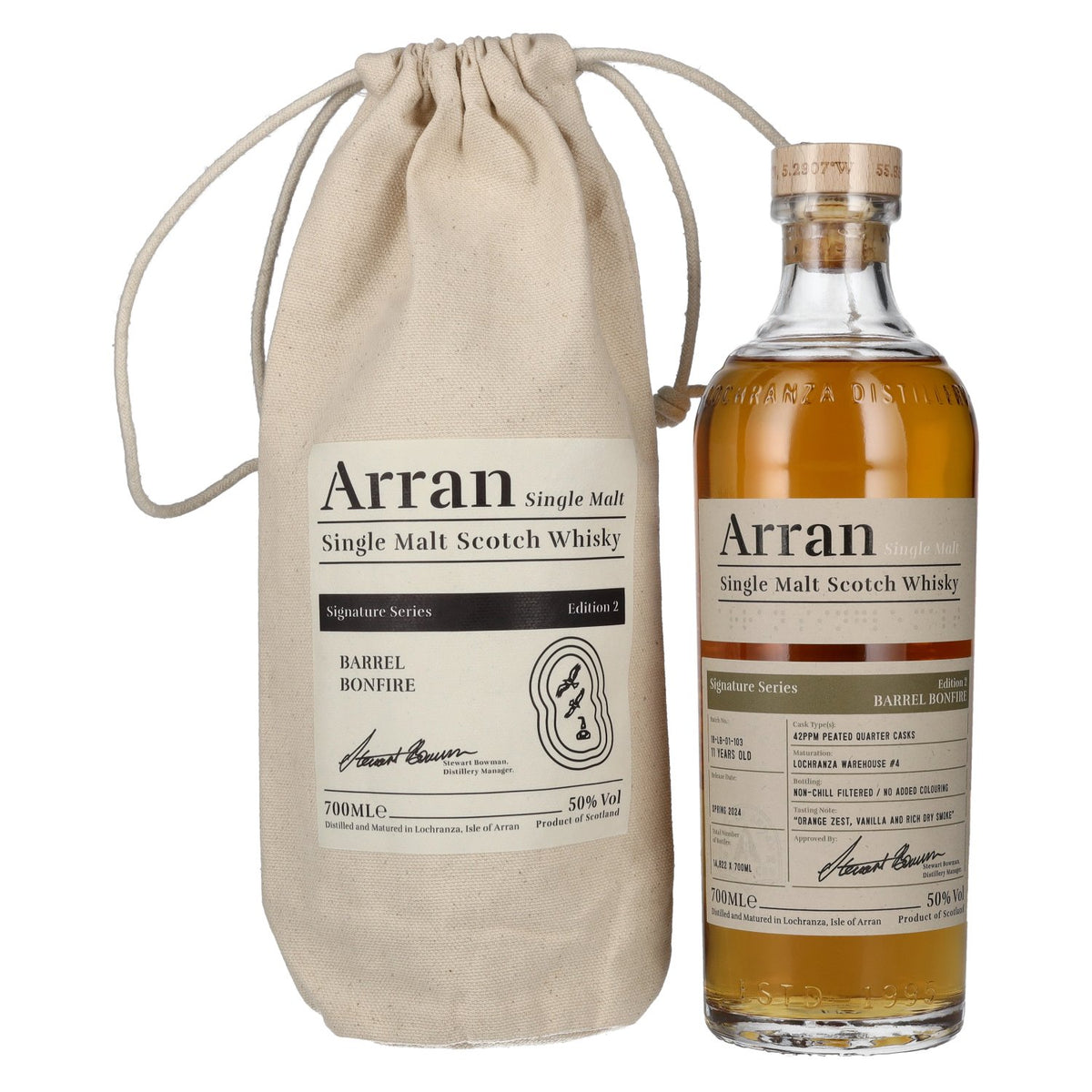 The Arran Malt Signature Series 2 BARREL BONFIRE Single Malt Scotch Whisky 50% Vol. 0,7l dans un sac en lin
