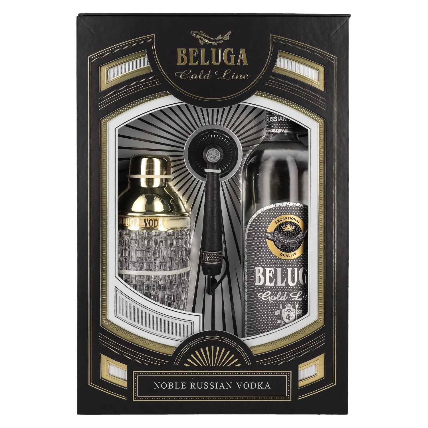 Beluga Gold Line Noble Russian Vodka 40% vol. 0,7l en boîte cadeau avec pinceau et shaker