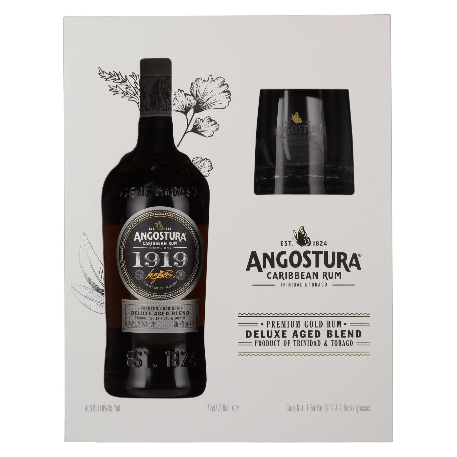 Angostura 1919 Premium Gold Rum Deluxe Aged Blend 40% vol. 0,7l dans un coffret cadeau avec 2 verres