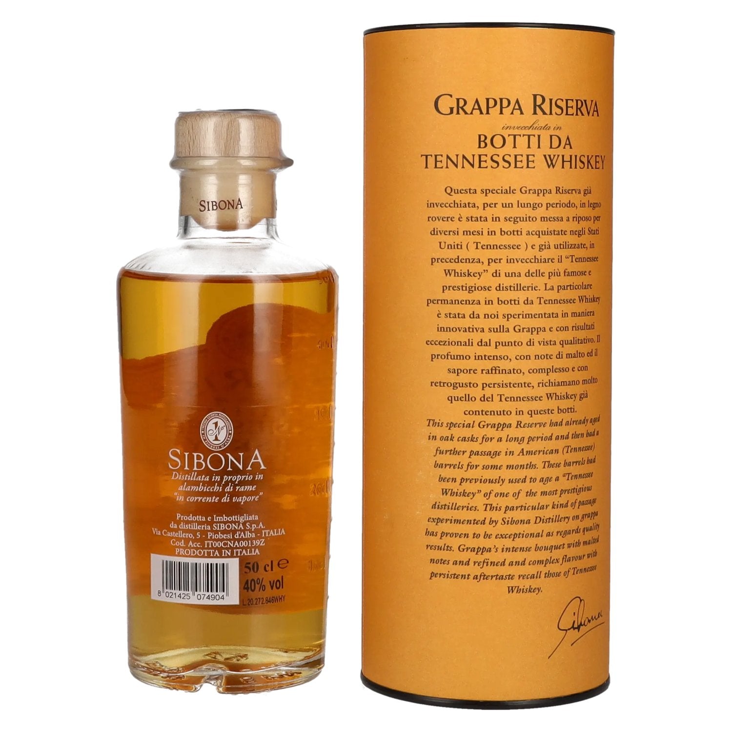 Sibona GRAPPA RISERVA botti da TENNESSEE WHISKEY 40% Vol. 0,5l in gift box