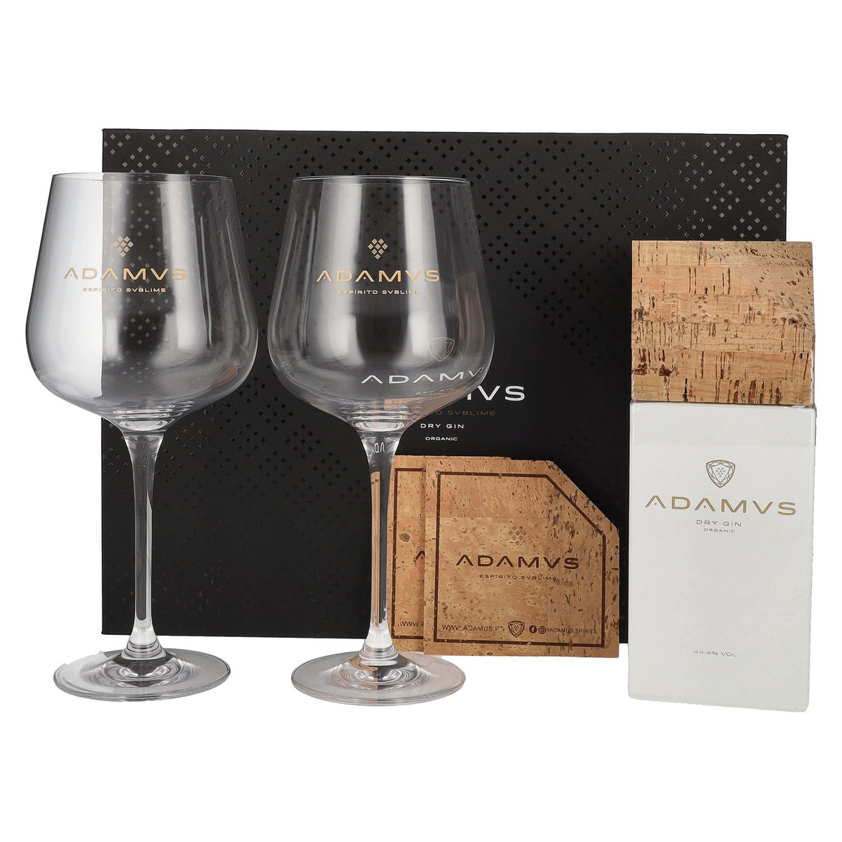 Adamus Dry Gin Bio Édition limitée 2020 44,4 % vol. 0,7 l dans un coffret cadeau comprenant 2 verres et un dessous de verre en liège