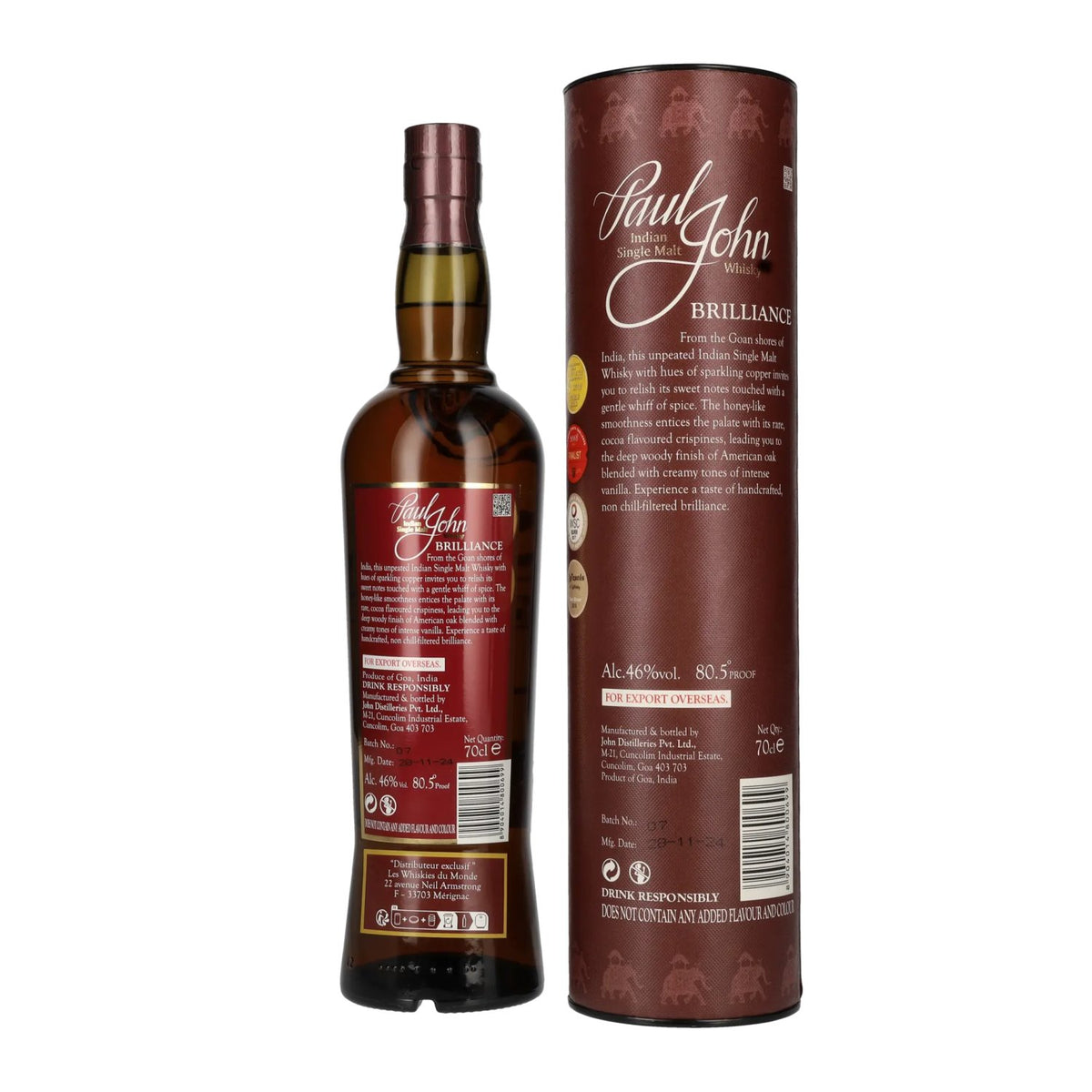 Paul John BRILLIANCE Indian Single Malt Whisky 46% Vol. 0,7l in gift box