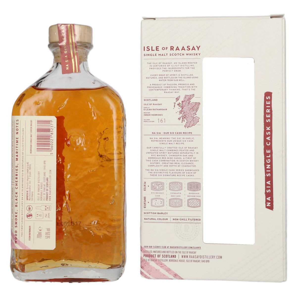 Isle of Raasay 5 ans d'âge, single malt vieilli en fûts de vin rouge de Bordeaux, 59,9 % vol., 0,7 l, dans un coffret cadeau