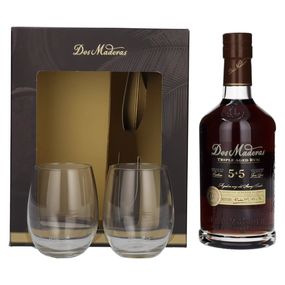 Dos Maderas PX 5+5 Years Old Triple Aged Spirit Drink 40% Vol. 0,7l in gift box with 2 glasses
