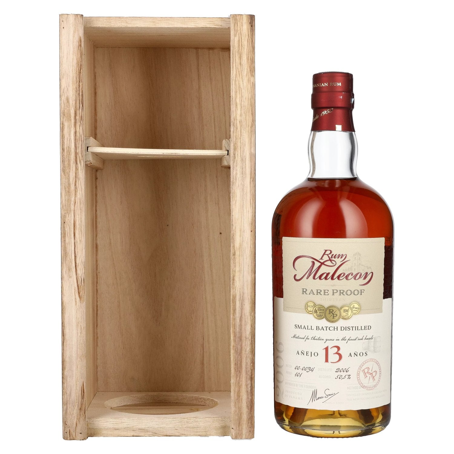 Rum Malecon Añejo 13 Años RARE PROOF 2006 50,5% Vol. 0,7l dans une caisse en bois