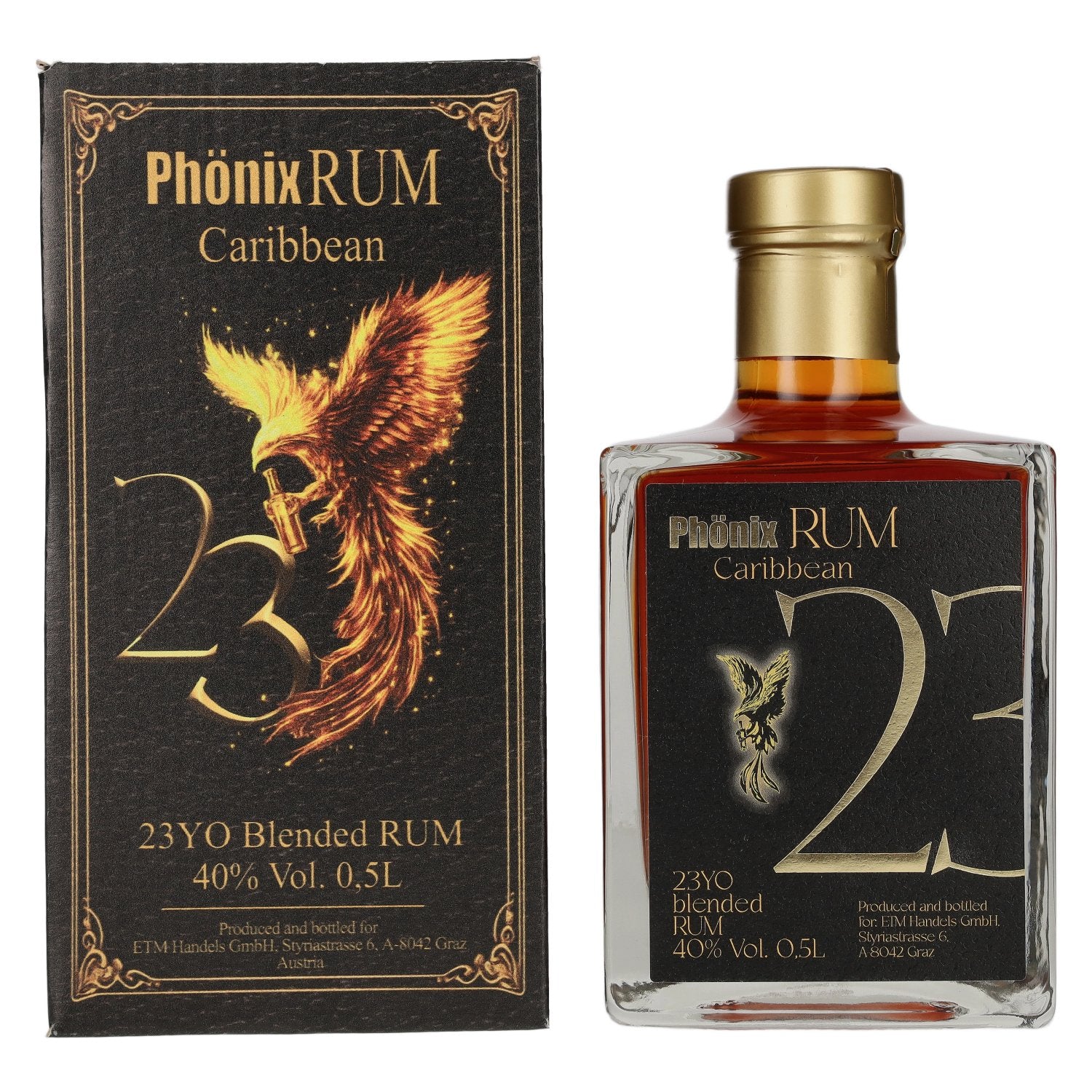 Phönix 23 Years Old Blended Caribbean Rum Black Design 40% Vol. 0,5l in Geschenkbox