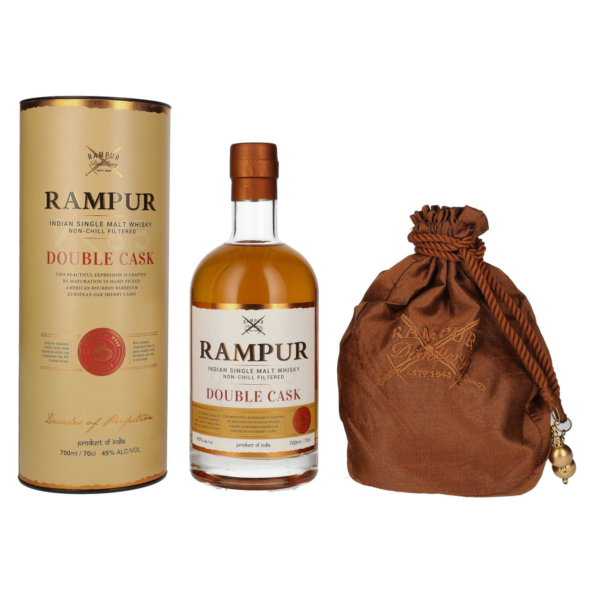 Rampur DOUBLE CASK Indian Single Malt Whisky 45% Vol. 0,7l in gift box with bag