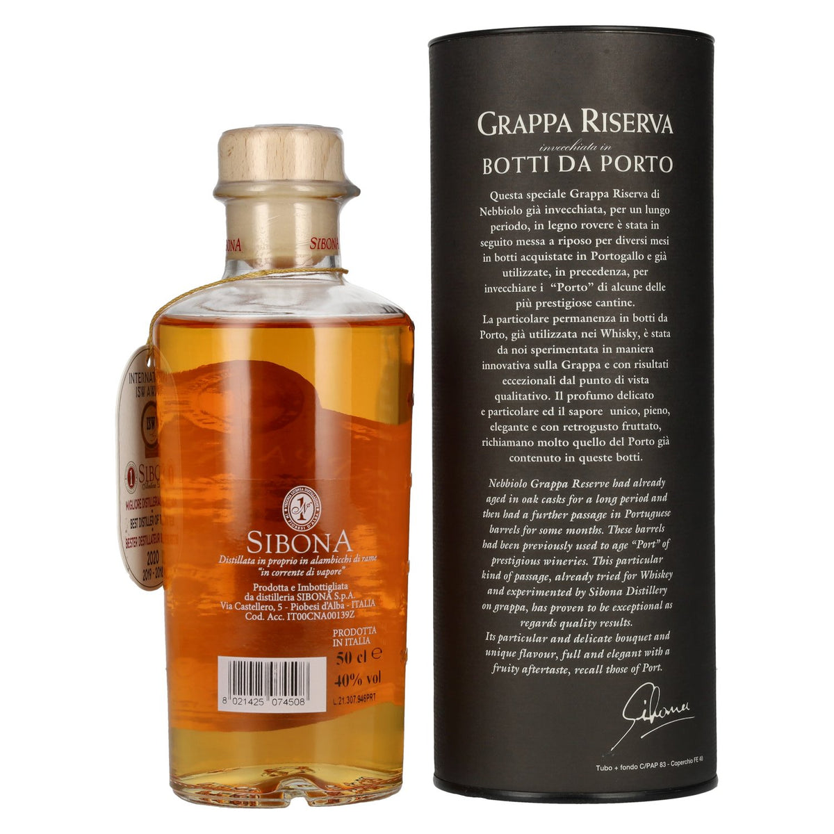 Sibona GRAPPA RISERVA Botti da PORTO 40% Vol. 0,5l in Geschenkbox
