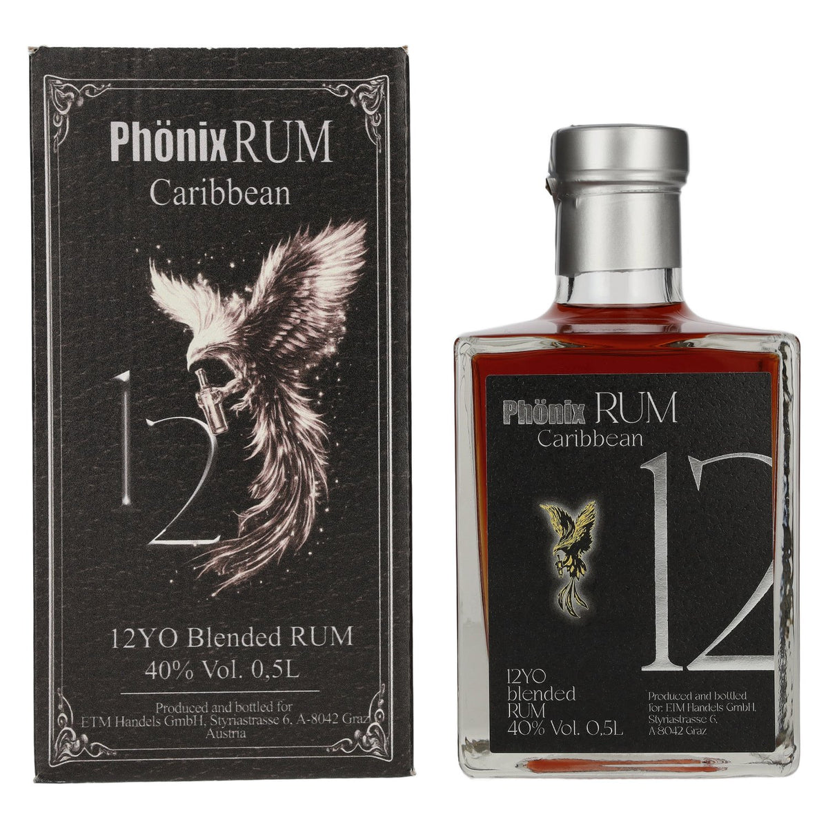 Phönix 12-Year-Old Blended Caribbean Rum, Black Design, 40% vol., 0.5 l in a gift box