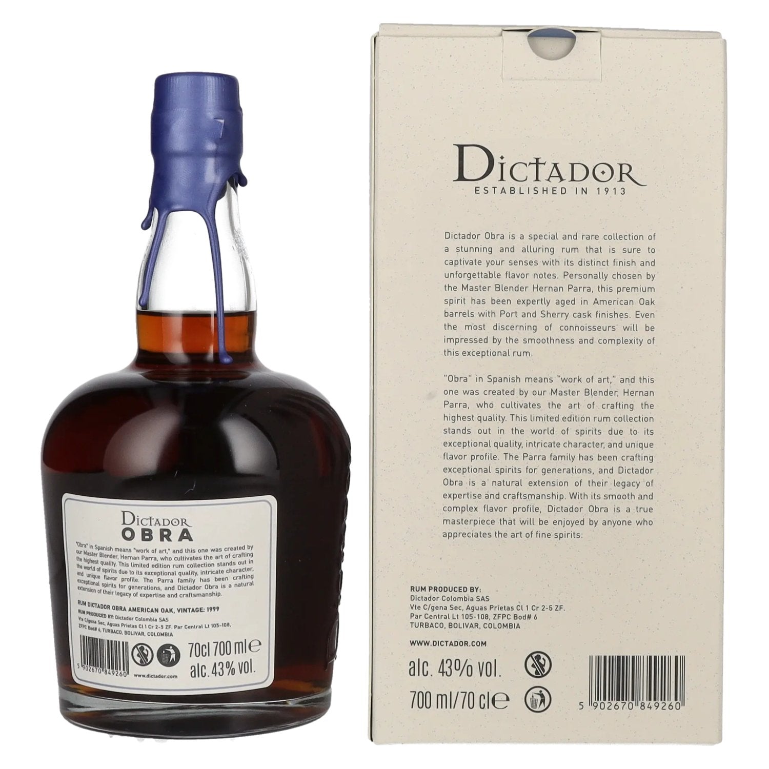 Dictador OBRA VINTAGE 24 Years Old AMERICAN OAK CASK Rum 1999 43% vol. 0,7l en boîte cadeau