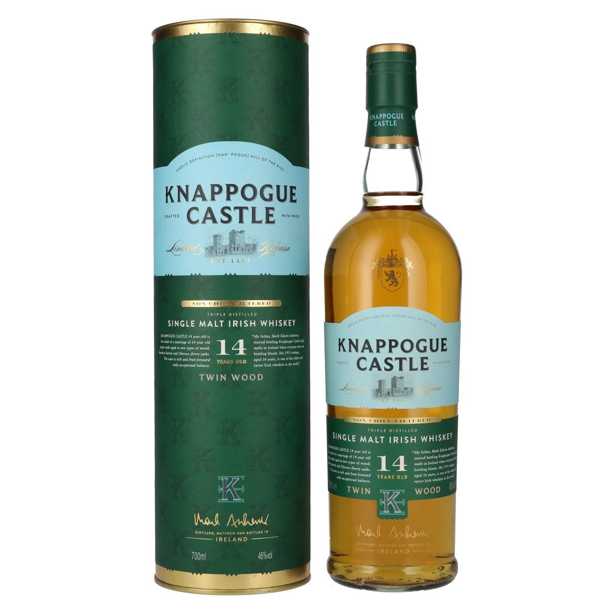 Knappogue Castle Whiskey 14 ans d'âge TWIN WOOD, 46 % vol., 0,7 l, dans un coffret cadeau