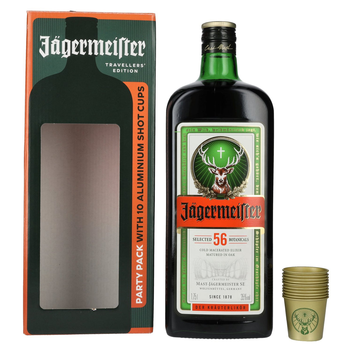Jägermeister TRAVELLERS' EXCLUSIVE 35% Vol. 1.75l in gift box with 10 Metal Shot Cups