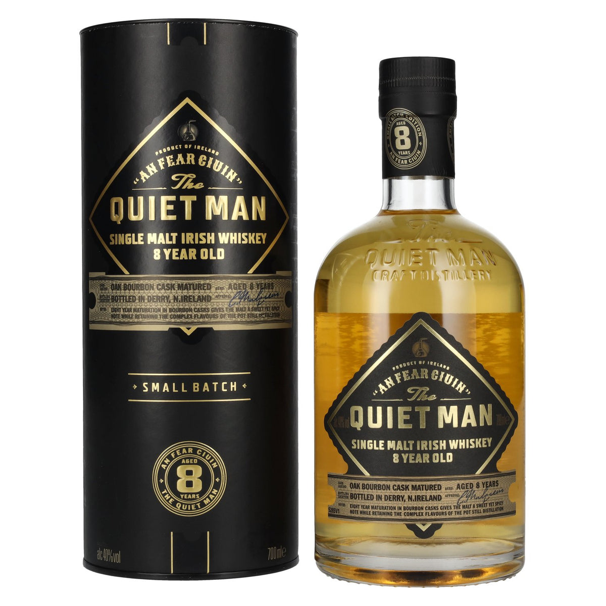 The Quiet Man Irish Whiskey AN FEAR CIUIN, whisky irlandais single malt vieilli 8 ans en fût de bourbon, 40 % vol., 0,7 l, dans un coffret cadeau