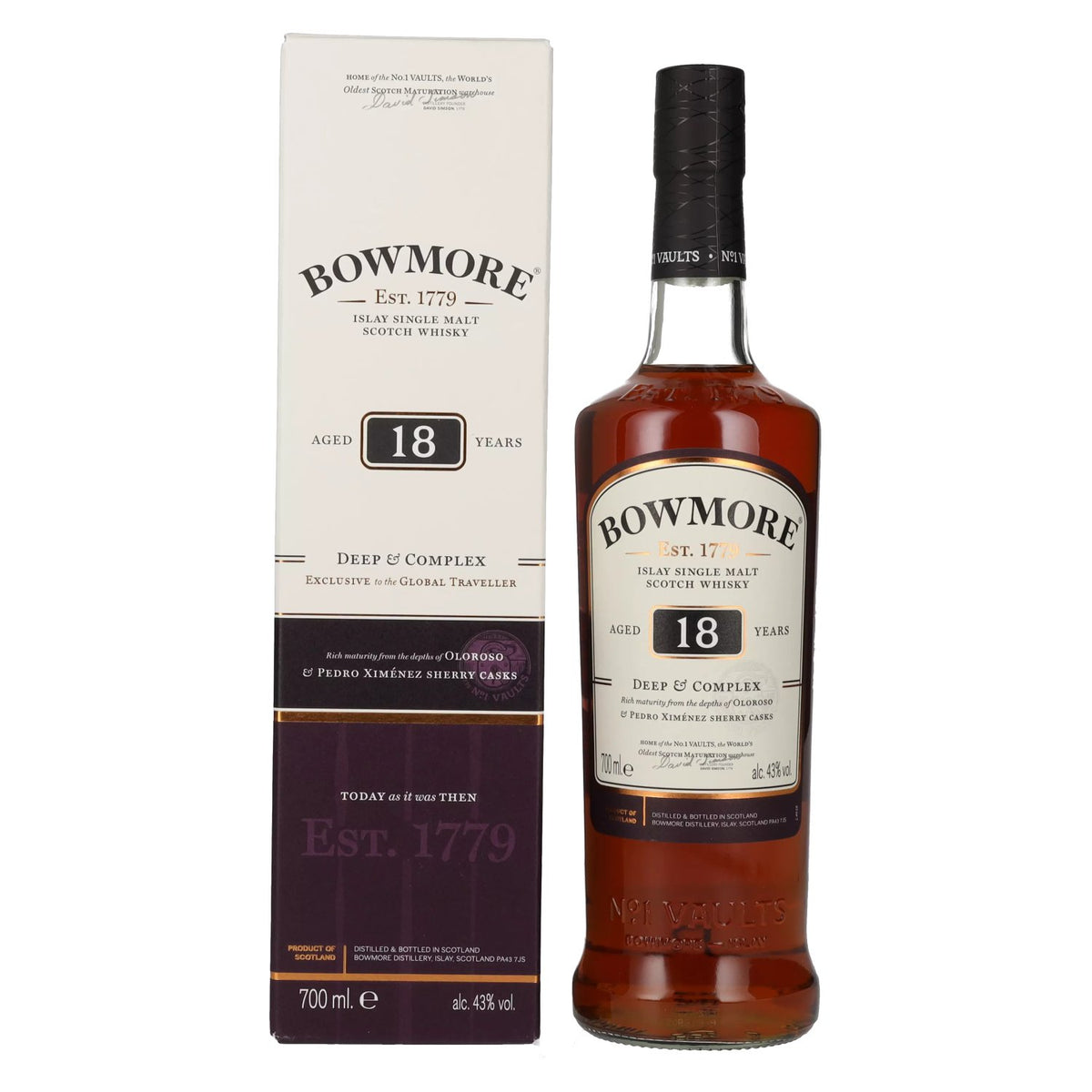 Bowmore 18 Years Old DEEP &amp; COMPLEX Travel Exclusive 43% Vol. 0,7l en boîte cadeau