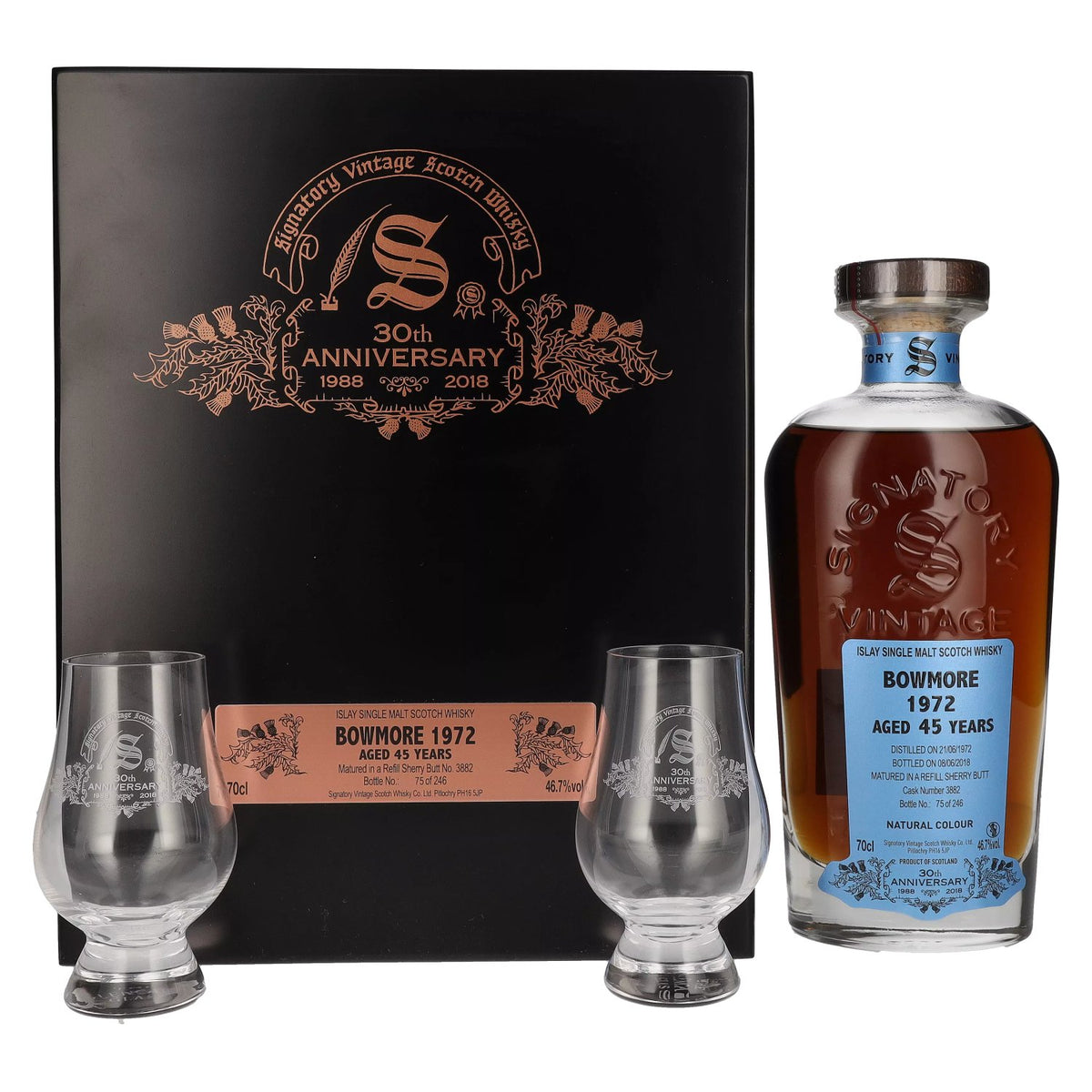 Signatory Vintage BOWMORE 45 Years Old 30th ANNIVERSARY 1972 46,7% Vol. 0,7l in wooden box with 2 glasses