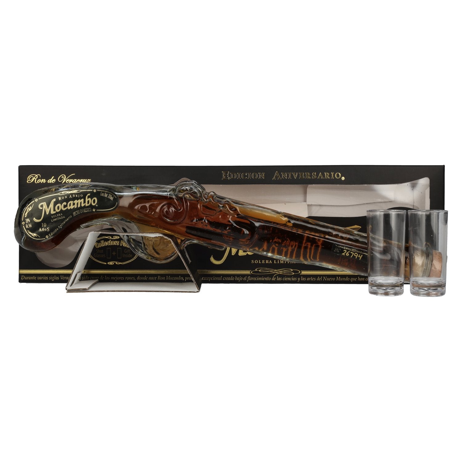 Mocambo Ron Añejo 10 Years Solera Limitada Edición Anniversario Buccaneer Pistol 40% Vol. 0,2l in Geschenkbox mit 2 Shotgläsern