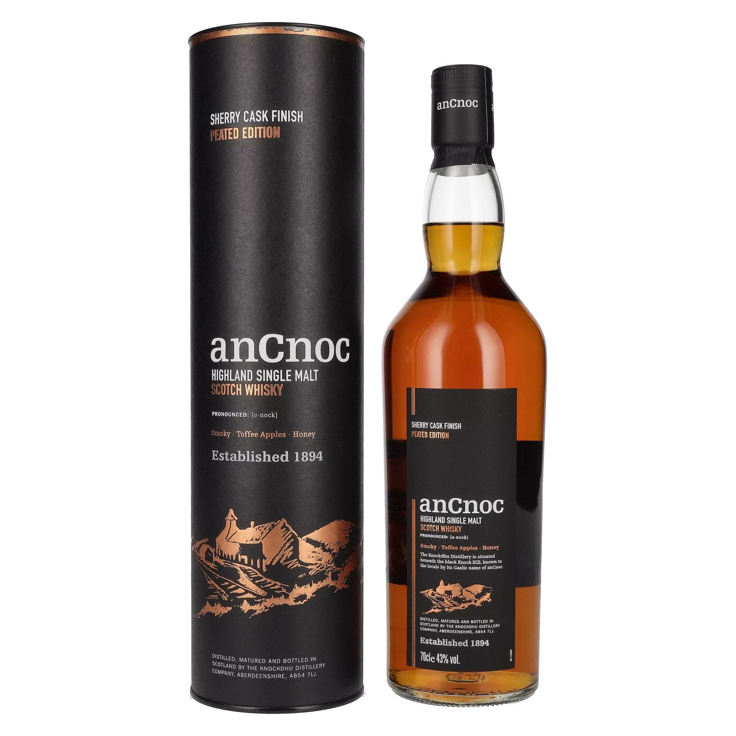 AnCnoc Highland Single Malt Scotch Whisky Sherry Cask Finish Peated Edition 43% Vol. 0,7l in gift box
