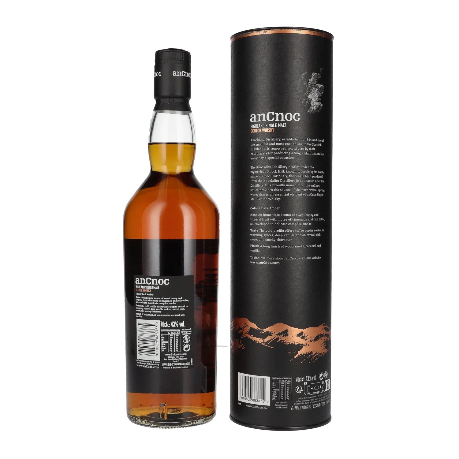 AnCnoc Highland Single Malt Scotch Whisky Sherry Cask Finish Peated Edition 43% Vol. 0,7l en coffret cadeau